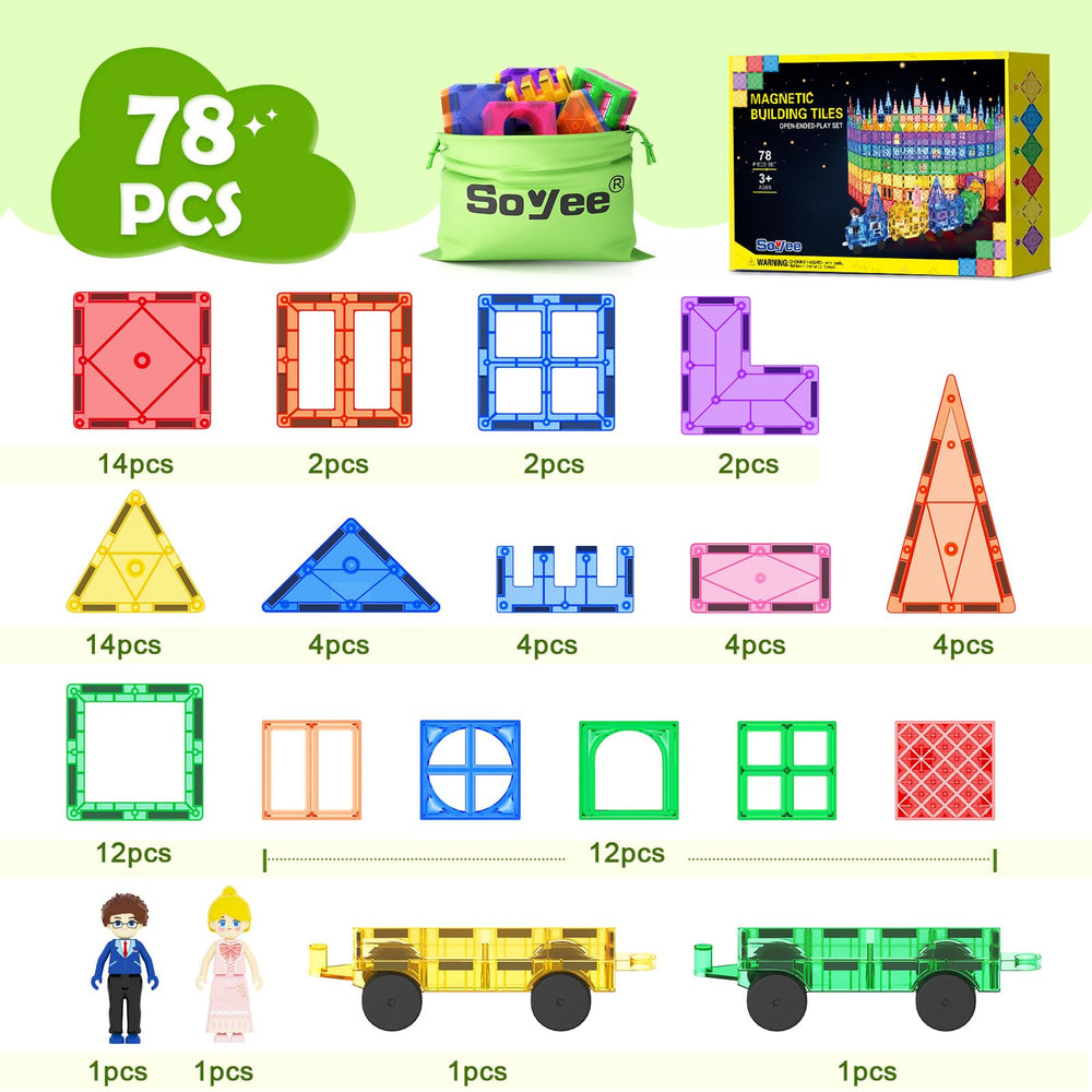 Soyee magnetic tiles STEM play for hands-on learning and spatial awareness.