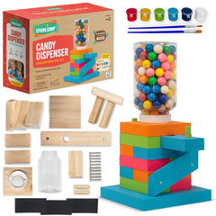 SparkJump Candy Dispenser assembly close-up showing kid-friendly woodworking kit for STEM learning.