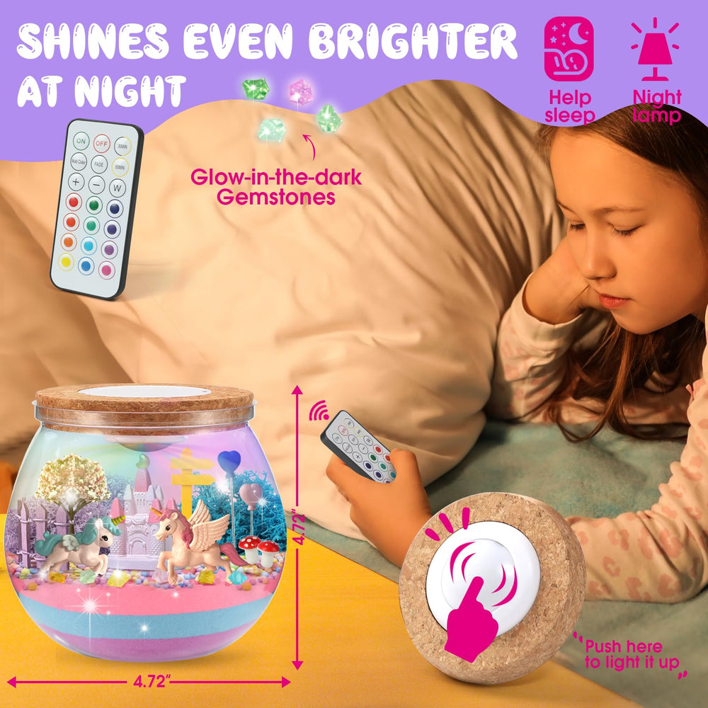 SparkleMe Unicorn Terrarium Kit bedroom decor ready-to-display after assembly.