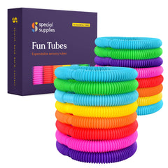 Special Supplies Fun Pull and Stretch Tubes in primary colors for imaginative play and dexterity.