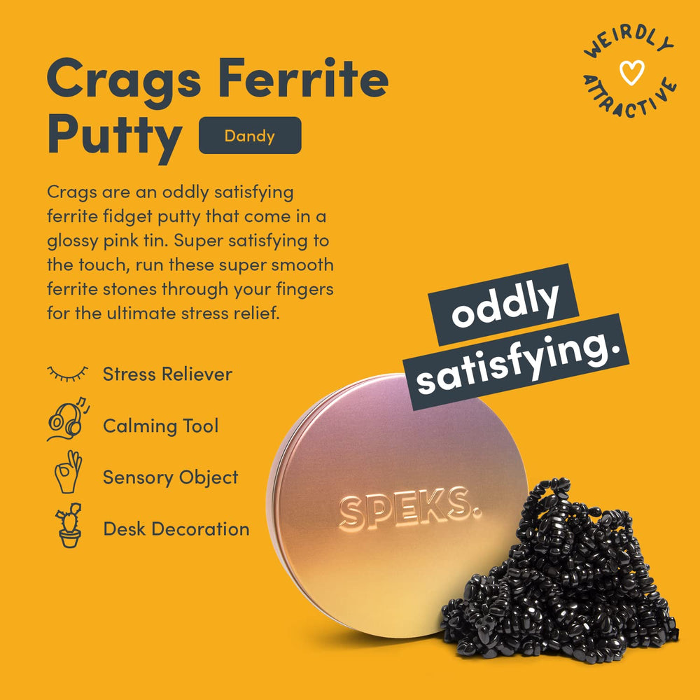 Close-up of Speks Crags ferrite stones highlighting durable, mess-free fidget play.