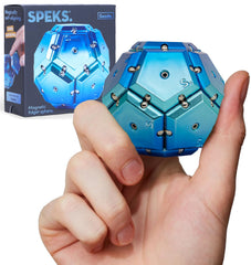 Speks Geode blue sphere on a desk highlighting its magnetic design for focus and calm.