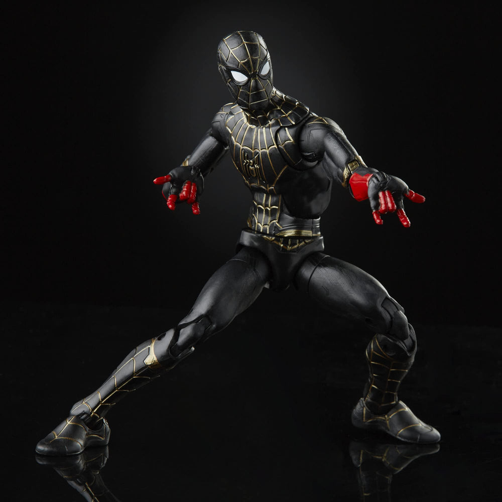 Spider-Man Marvel Legends Black & Gold articulation close-up enables pose versatility.