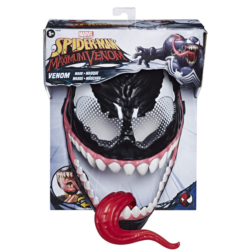 Spider-Man Venom mask tongue-swing feature adds dynamic action for pretend battles.
