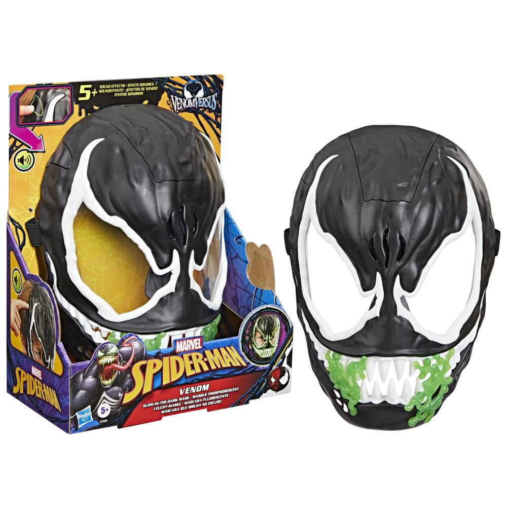 Spider-Man VenomVersus glow mask showcases eyes and teeth glow for night-time play.