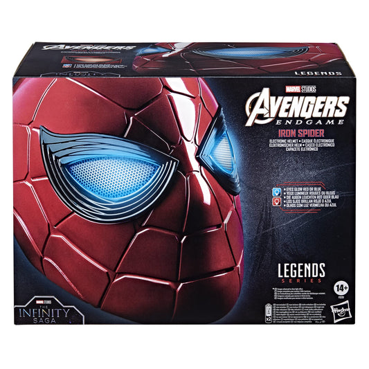 Spider-Man Iron Spider helmet with red and blue eye glow for immersive cosplay