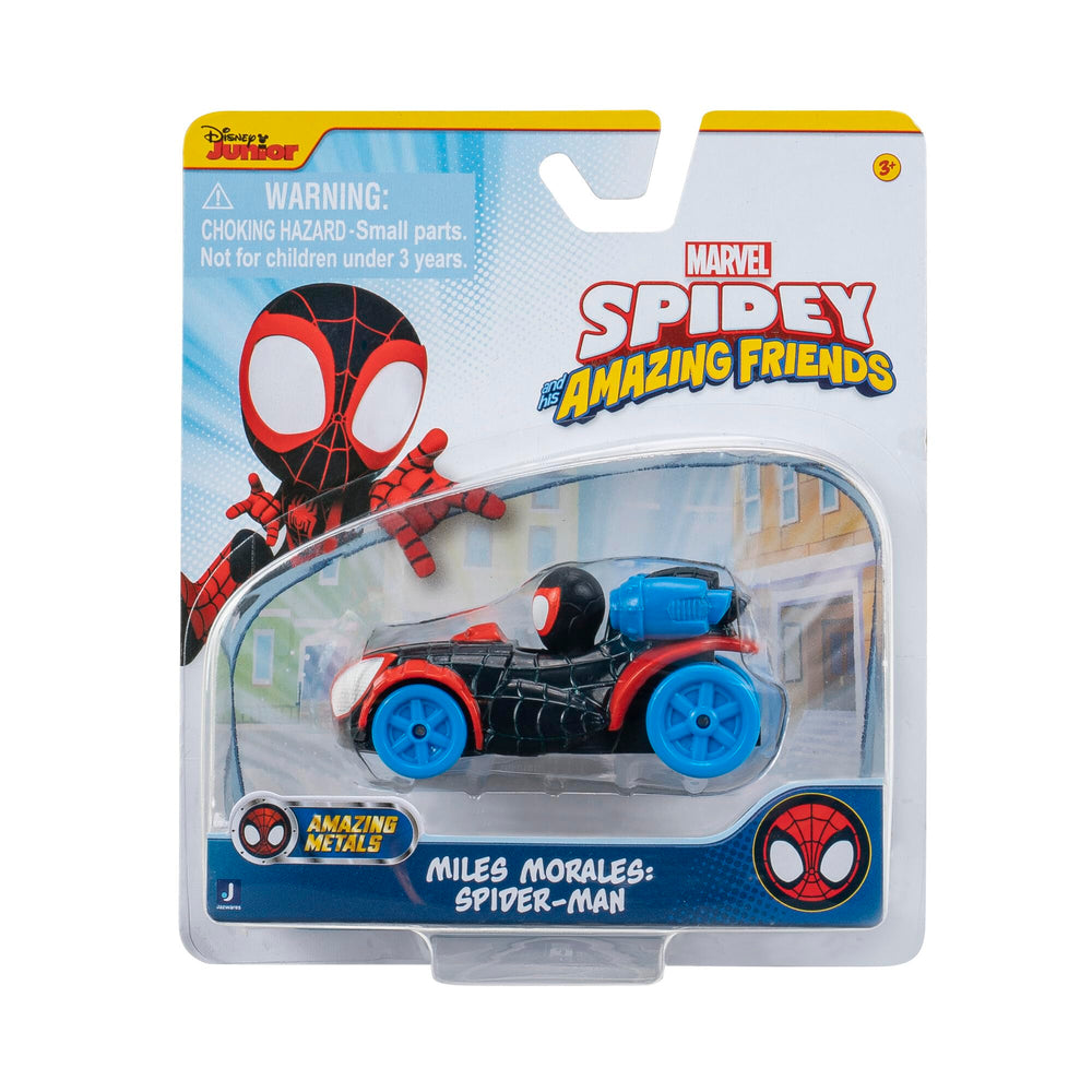 Spidey and his Amazing Friends 1:64 front view race car with a durable metal build.