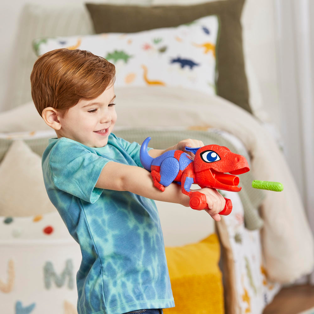 Spidey and His Amazing Friends Spidey-Rex launcher for right- or left-handed play.