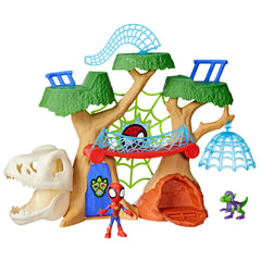 Spidey and His Amazing Friends Dino-Webs Treehouse playset boosts imaginative adventures.