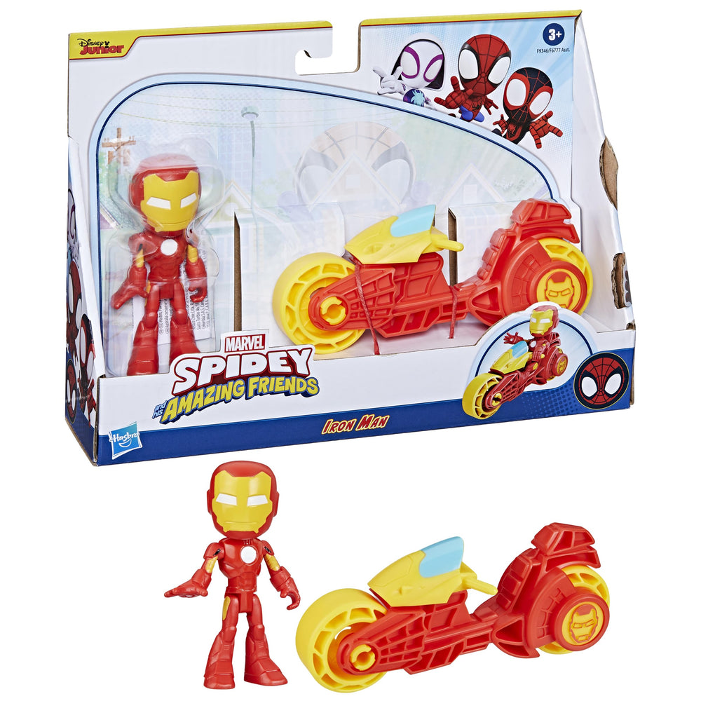 Spidey and His Amazing Friends Iron Man motorcycle toy for pretend hero rides.