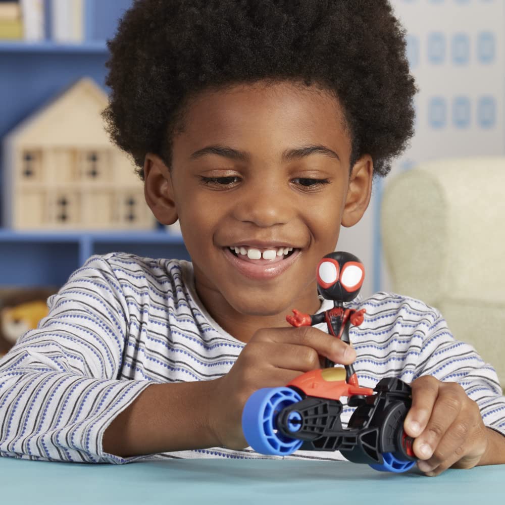 Kids playing with Spidey Miles Morales figure and motorcycle for storytelling adventures