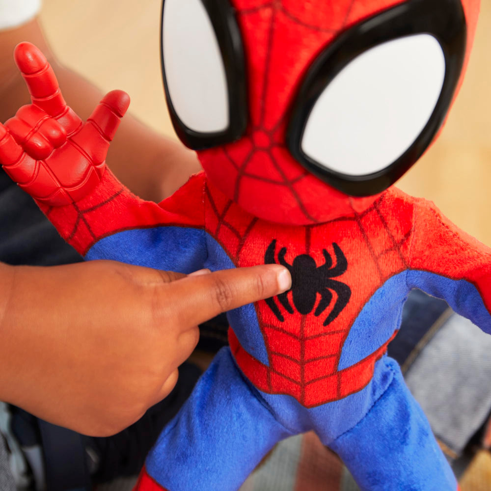 Spidey crawl mode action invites kids to tilt and crawl alongside the plush for engaging play.