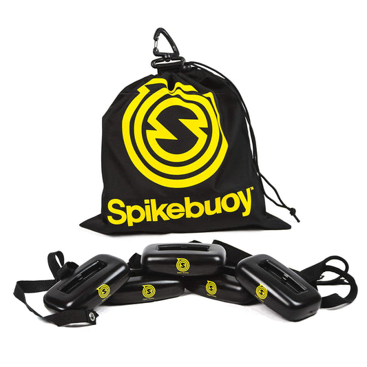 Spikebuoy 2.0 attached to a Spikeball set for water play in pools and lakes.