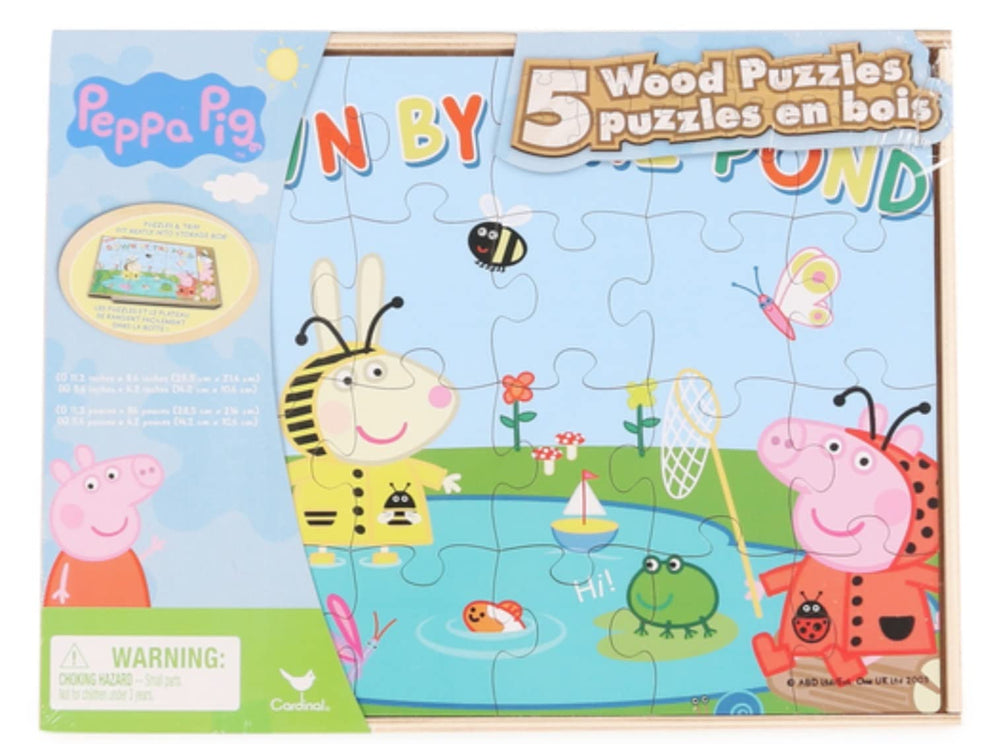 Spin Master 5 Pig Puzzles with wooden storage box for easy, tidy play.
