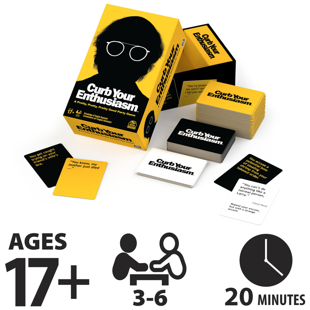 Spin Master Curb Your Enthusiasm players laugh while reading cards at a party