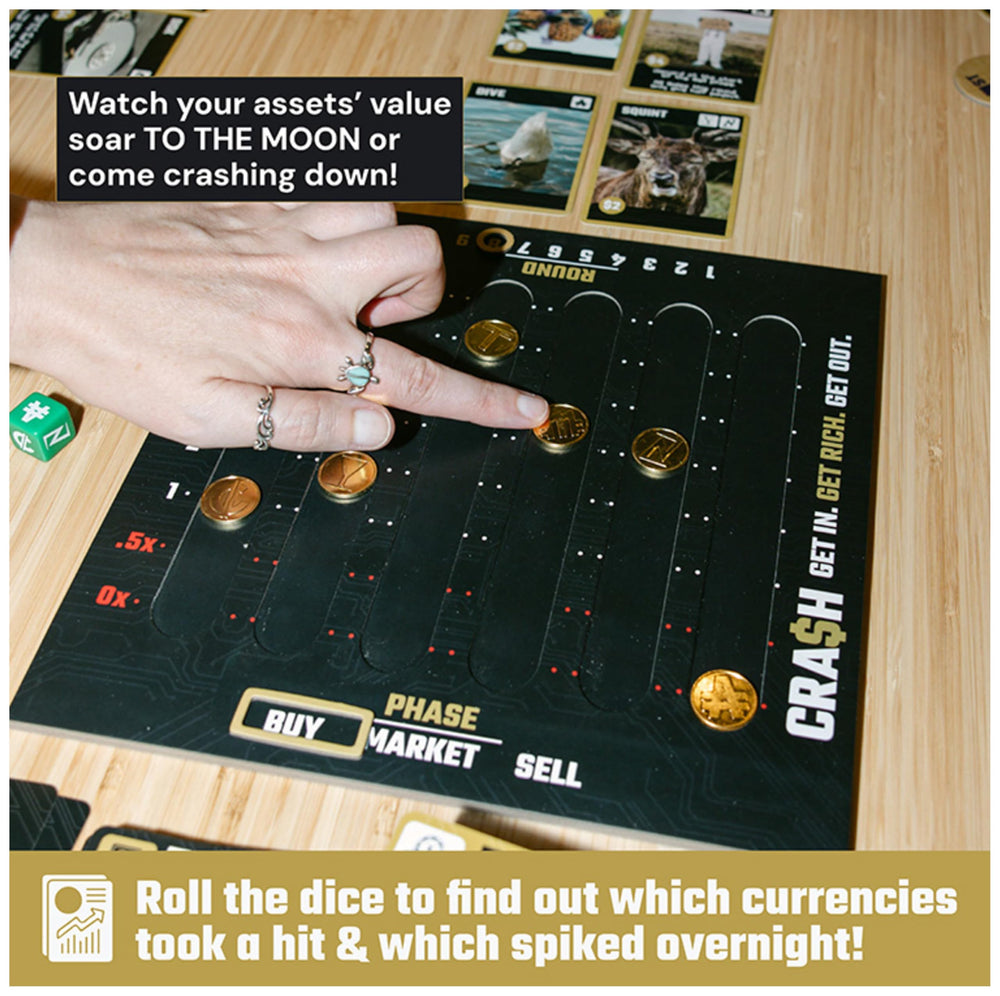 Spin Master Games SolidRoots Crash tokens track market status during play.