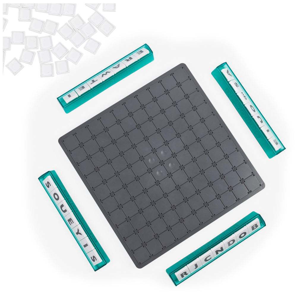 Spin Master Upwords game setup showing how to stack and score.