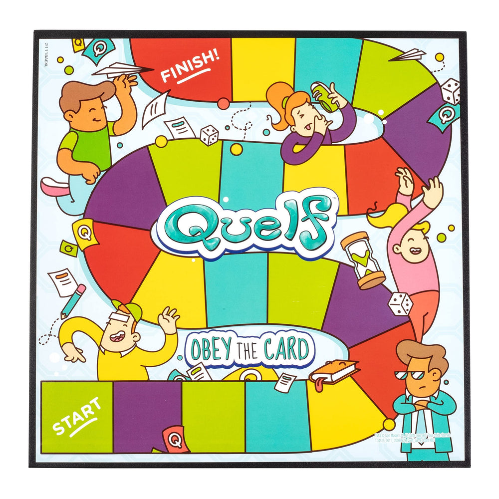 Spin Master Quelf box contents showing cards, movers, and more.