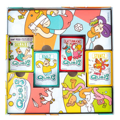 Spin Master Quelf game night setup with pieces and rules.