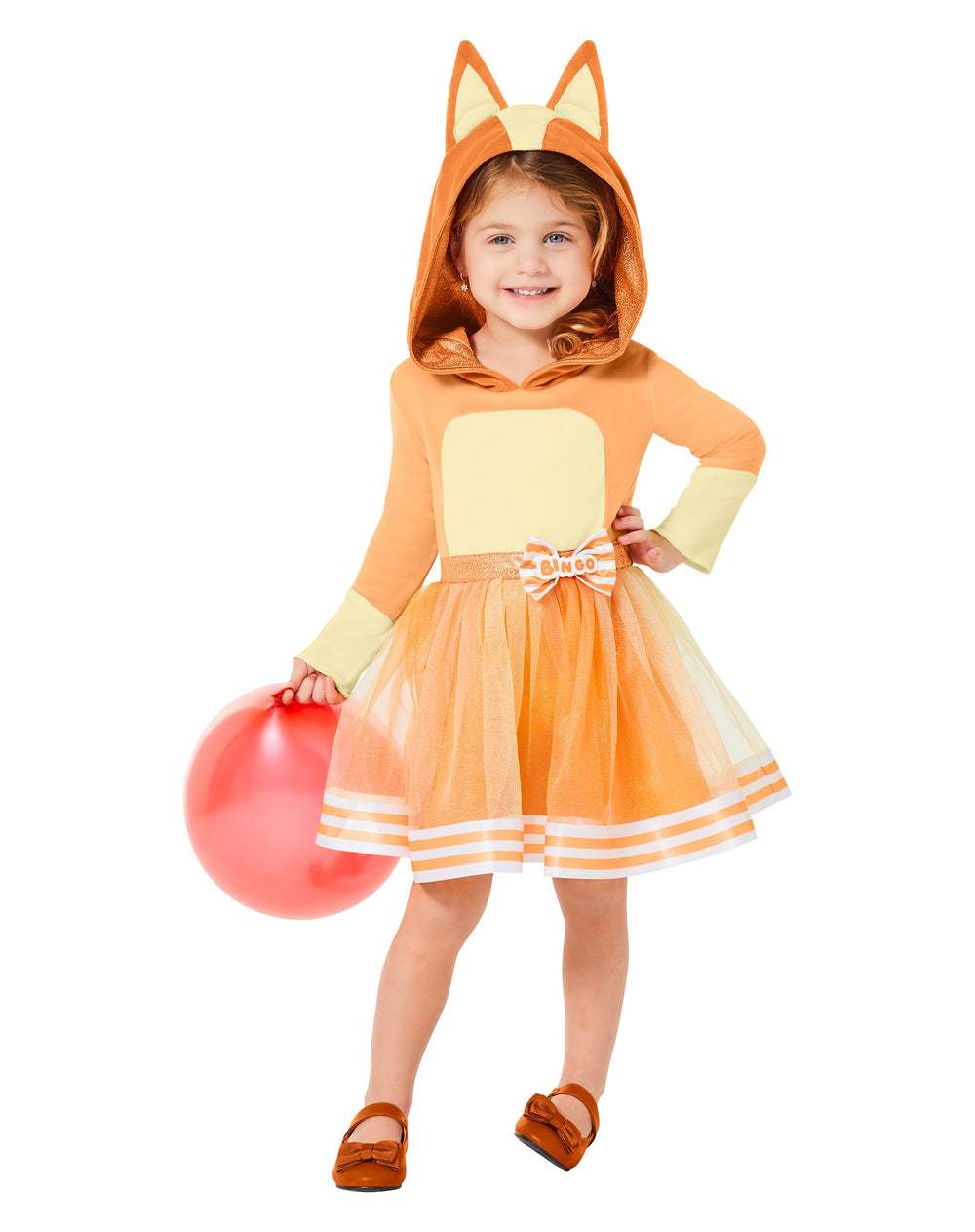 Spirit Halloween Bluey Bingo toddler dress front view for authentic, licensed costume play
