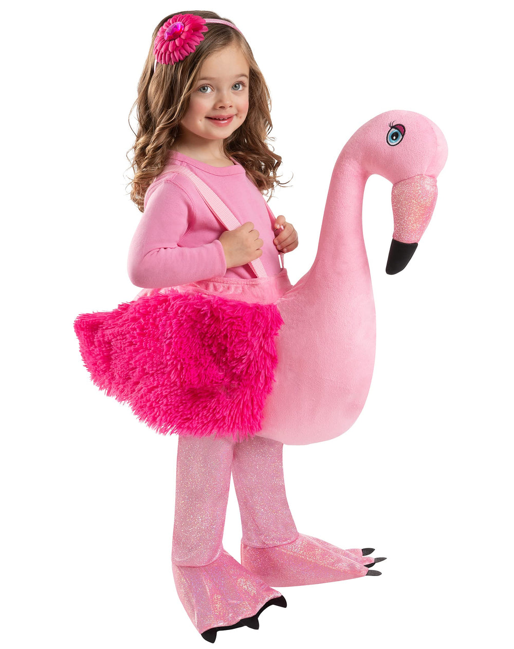 Spirit Halloween toddler faux fur flamingo ride-along, adjustable for growing kids.
