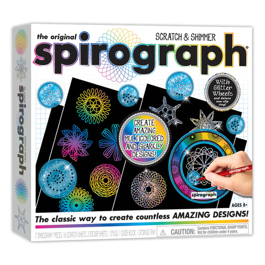 Spirograph Scratch & Shimmer kit cover showing the classic gear set for imaginative art