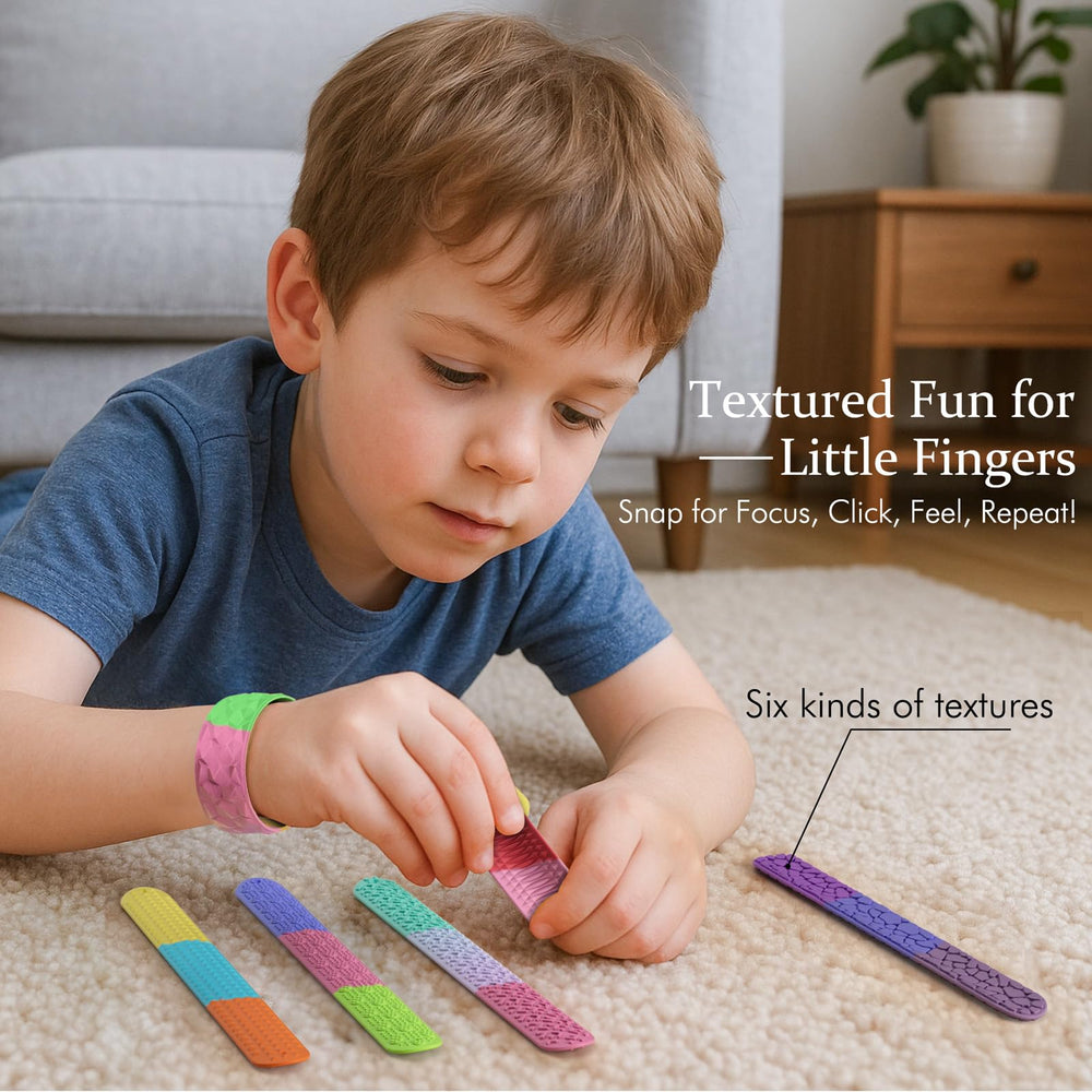 Spkwis Sensory Slap Bracelets display six textures to aid concentration and sensory exploration.