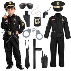 Happy child in Spooktacular Creations police costume during Halloween