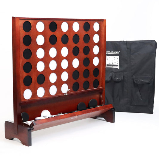 Sport Beats Giant Wooden 4-in-a-Row with foldable tray for tidy lawn play.