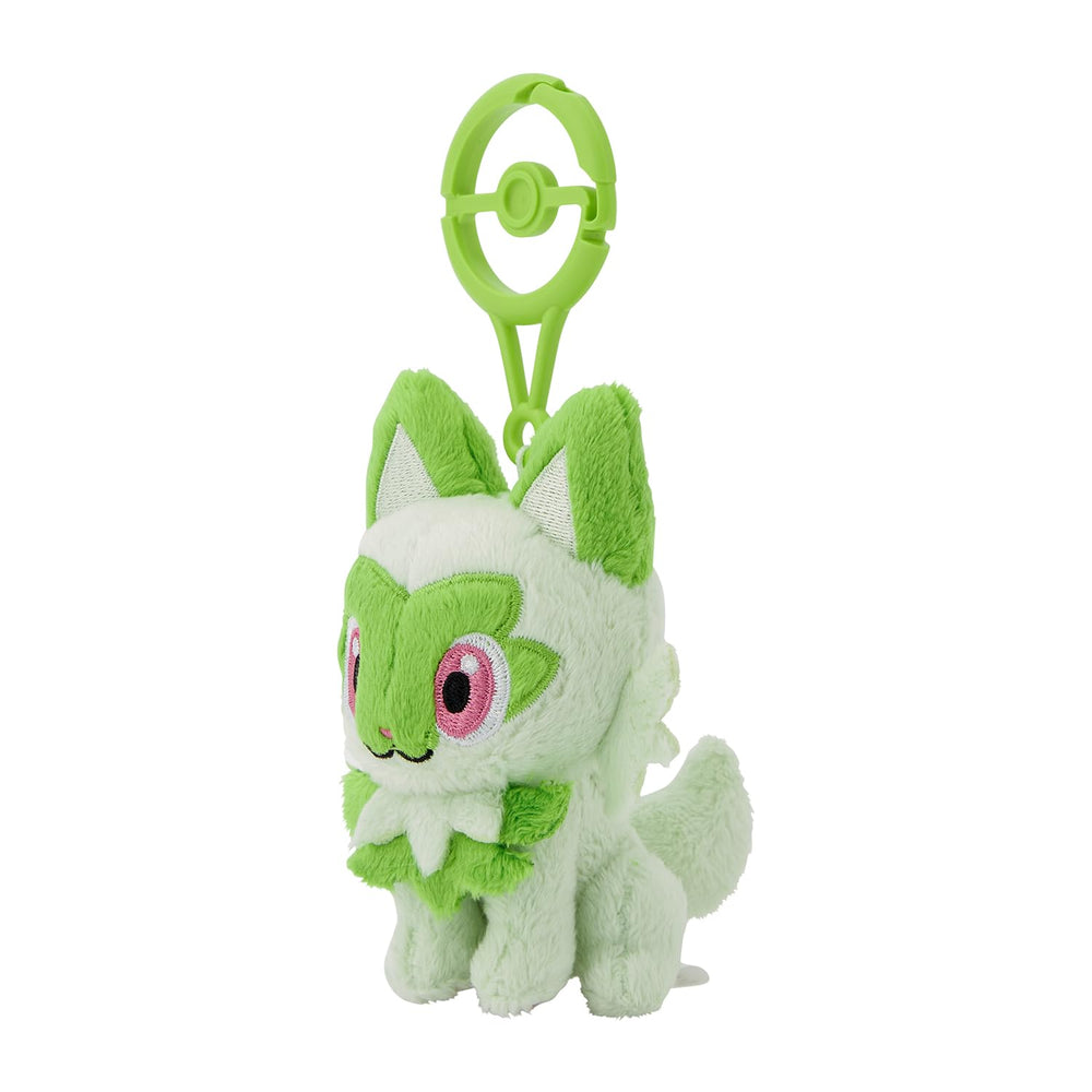 Sprigatito plush close-up reveals soft fur texture for cuddling.