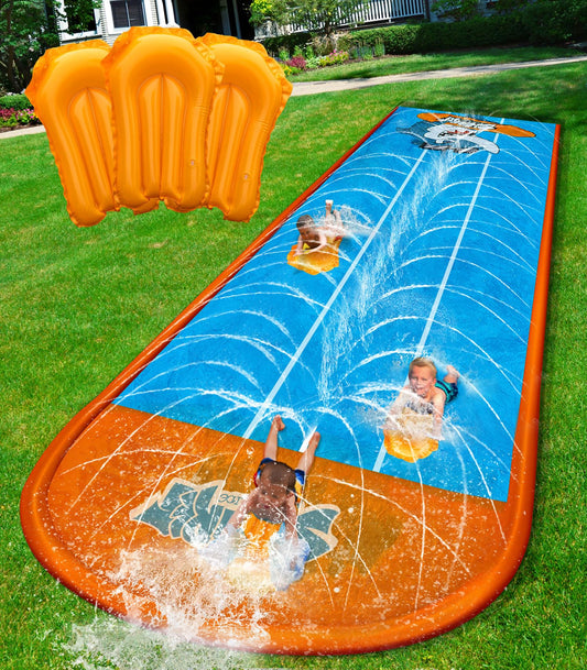 Spring Water slip and slide with blue shark pattern for backyard racing fun.