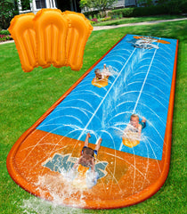Spring Water slip and slide with blue shark pattern for backyard racing fun.