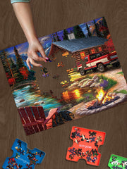 Springbok Cabin on the Creek: snowy peaks and sunset skies inspire immersive puzzles.