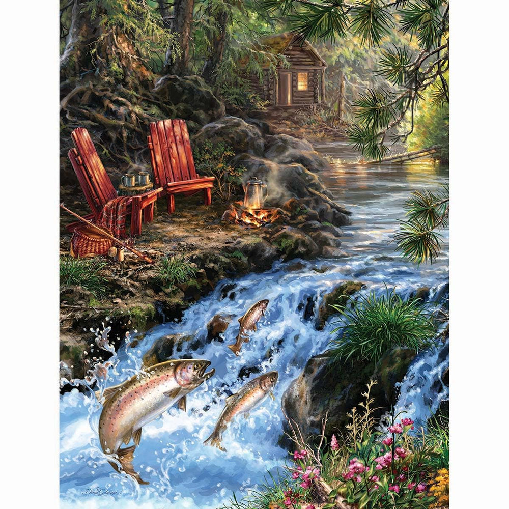 Springbok The Fishing Hole puzzle front view, vibrant fishing scene for mindful, focused play.