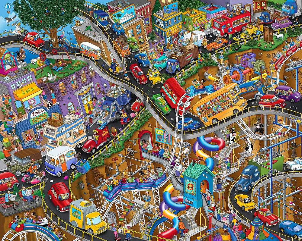 Springbok Getting Away puzzle cover showcases playful transport cartoon for family fun.