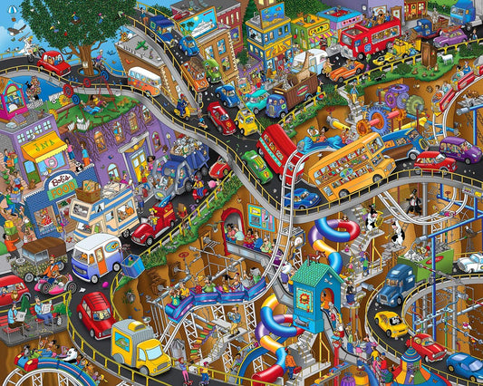 Springbok Getting Away puzzle cover showcases playful transport cartoon for family fun.