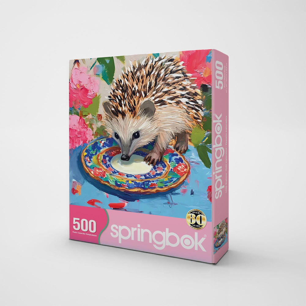 Springbok hedgehog sipping from a colorful dish, a soothing scene for relaxing puzzling