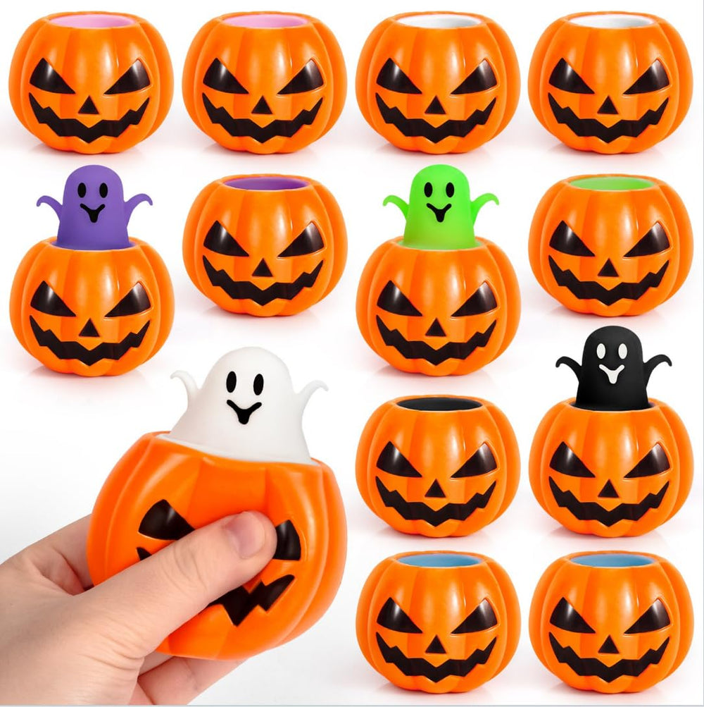 SpringFlower 12-pack pumpkin squishies with ghost pop-out for Halloween fun.