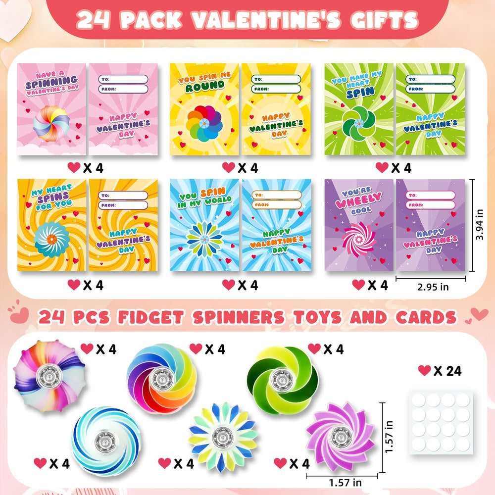 SpringFlower spinner toys attached to valentines cards deliver engaging party favors.