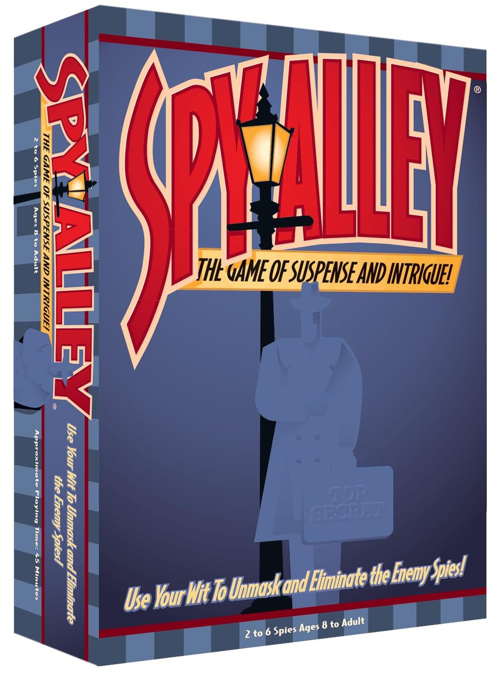 Spy Alley game box front showing award-winning design for family game night.