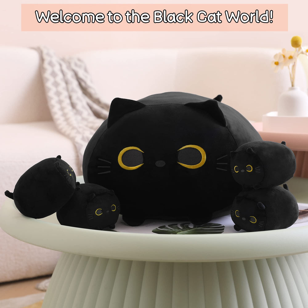 SQEQE Black Cat Plush tummy opening reveals four removable kittens.