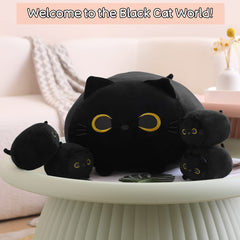 SQEQE Black Cat Plush tummy opening reveals four removable kittens.