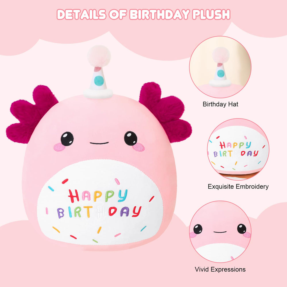 SQEQE Happy Birthday Axolotl Plush with colorful party hat for vibrant decor.