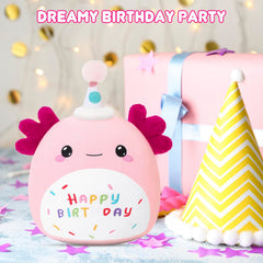 SQEQE Happy Birthday Axolotl Plush packaged vacuum-sealed for easy shipping and storage.
