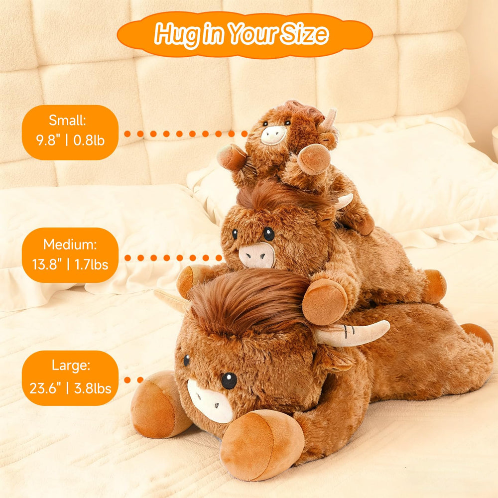 SQEQE Highland Cow plush horns detail enhances rustic appeal.