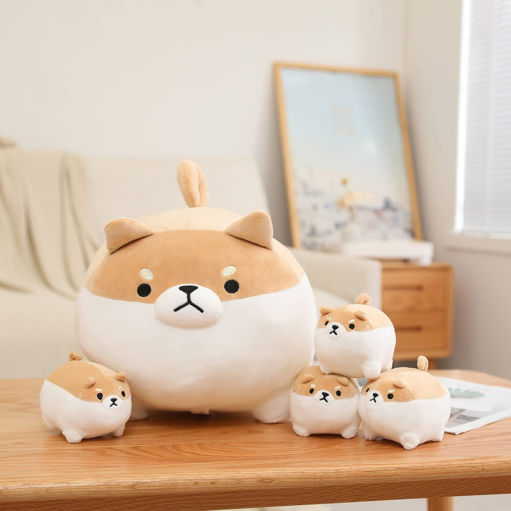 SQEQE Shiba Inu plush showing four baby pups inside the belly for storytelling.