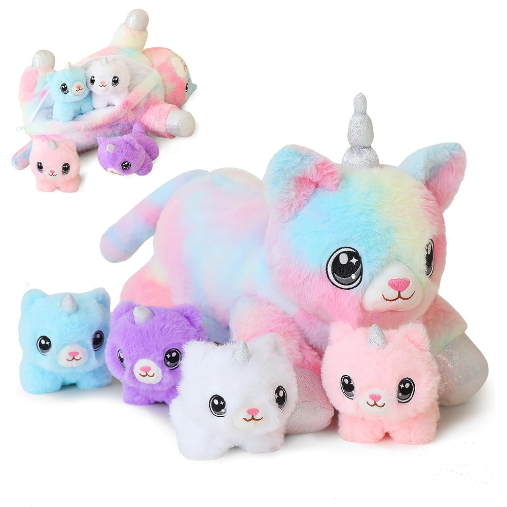 SQEQE unicorn cat plush mommy with babies belly delivery for imaginative play.