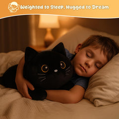SQEQE weighted black cat plush beside bedtime scene for cozy rituals.