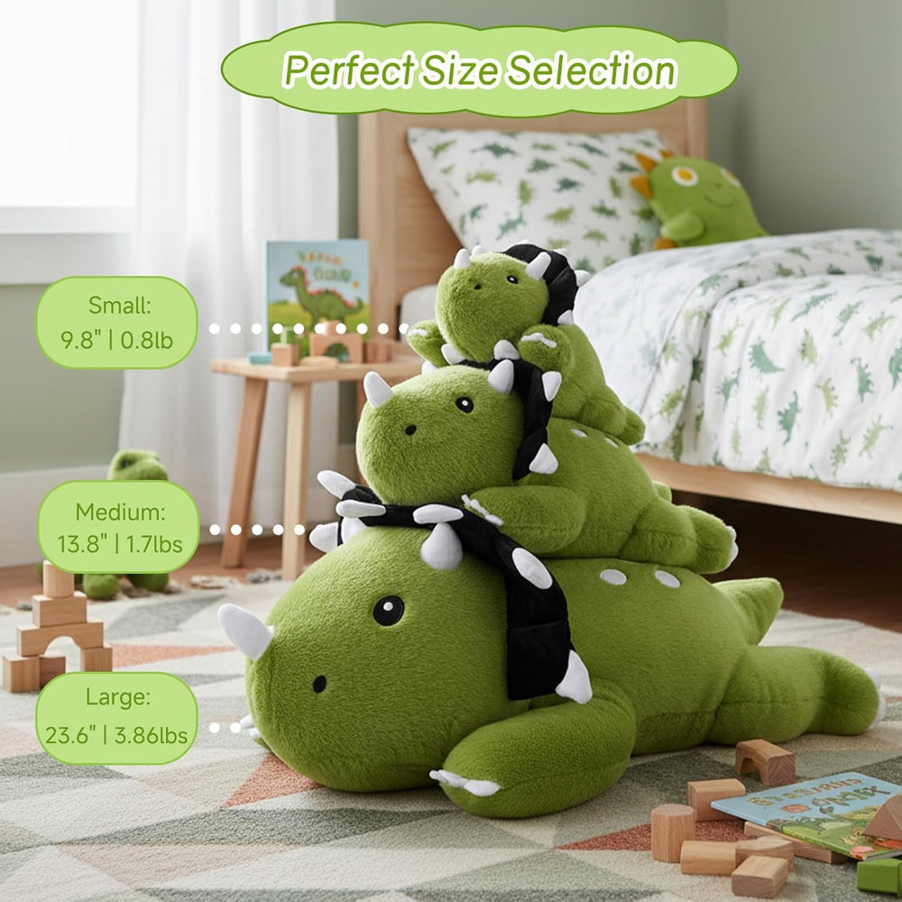 SQEQE weighted Triceratops plush on lap for calm moments.