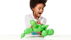 Squeakee Dino tail pull action triggers reinflation and playful reactions.